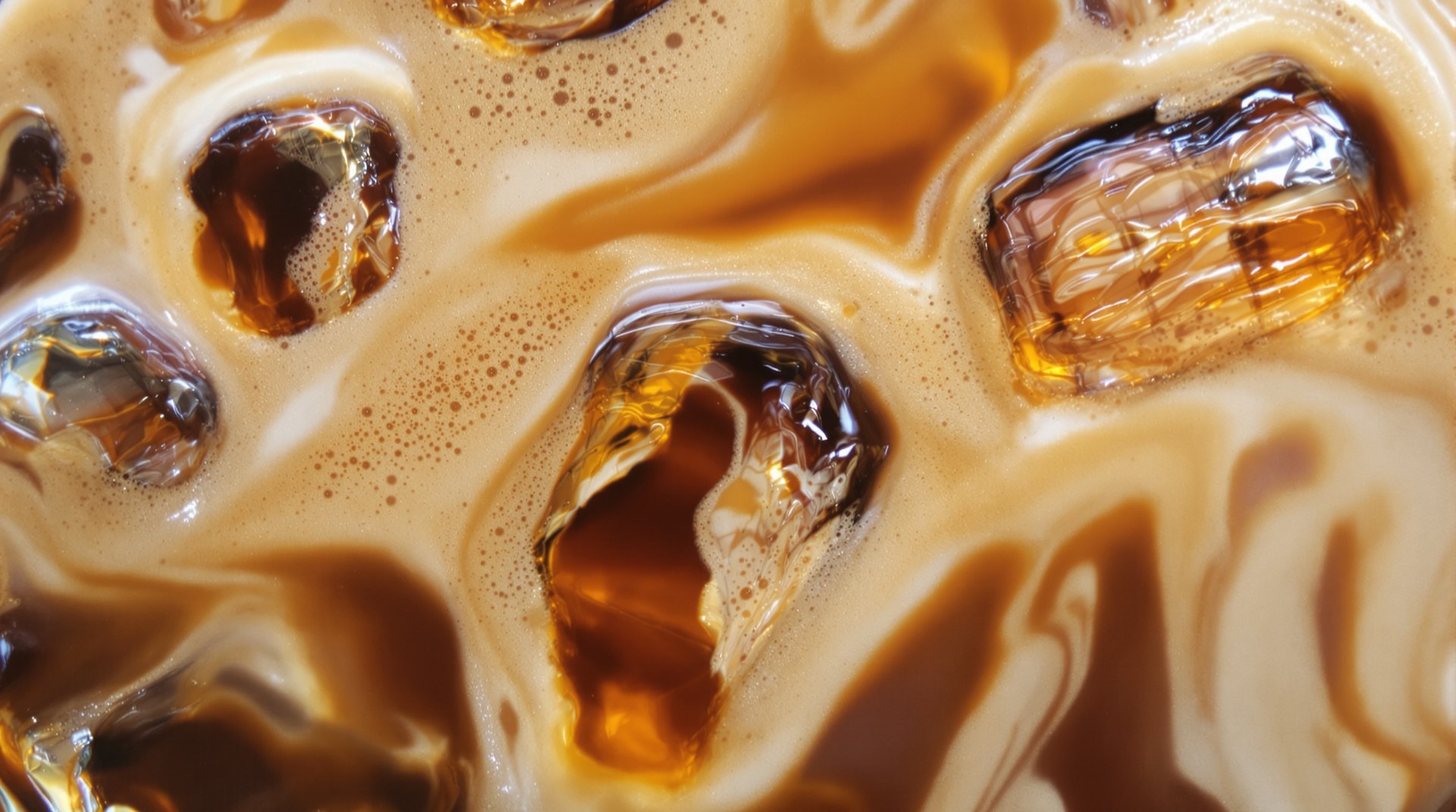 Ice cubes in an iced latte, cream marbling into cold espresso