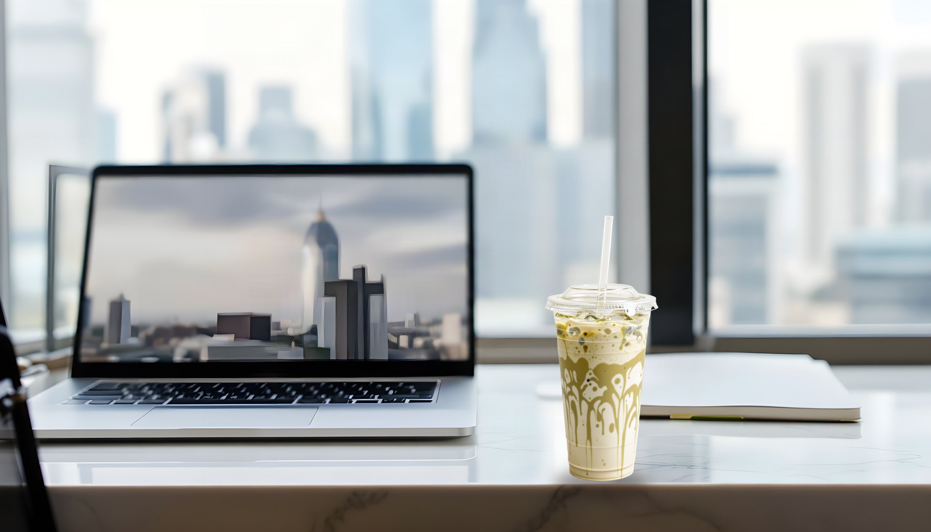 An iced latte in a clear cup on a desk by an office window over Dallas