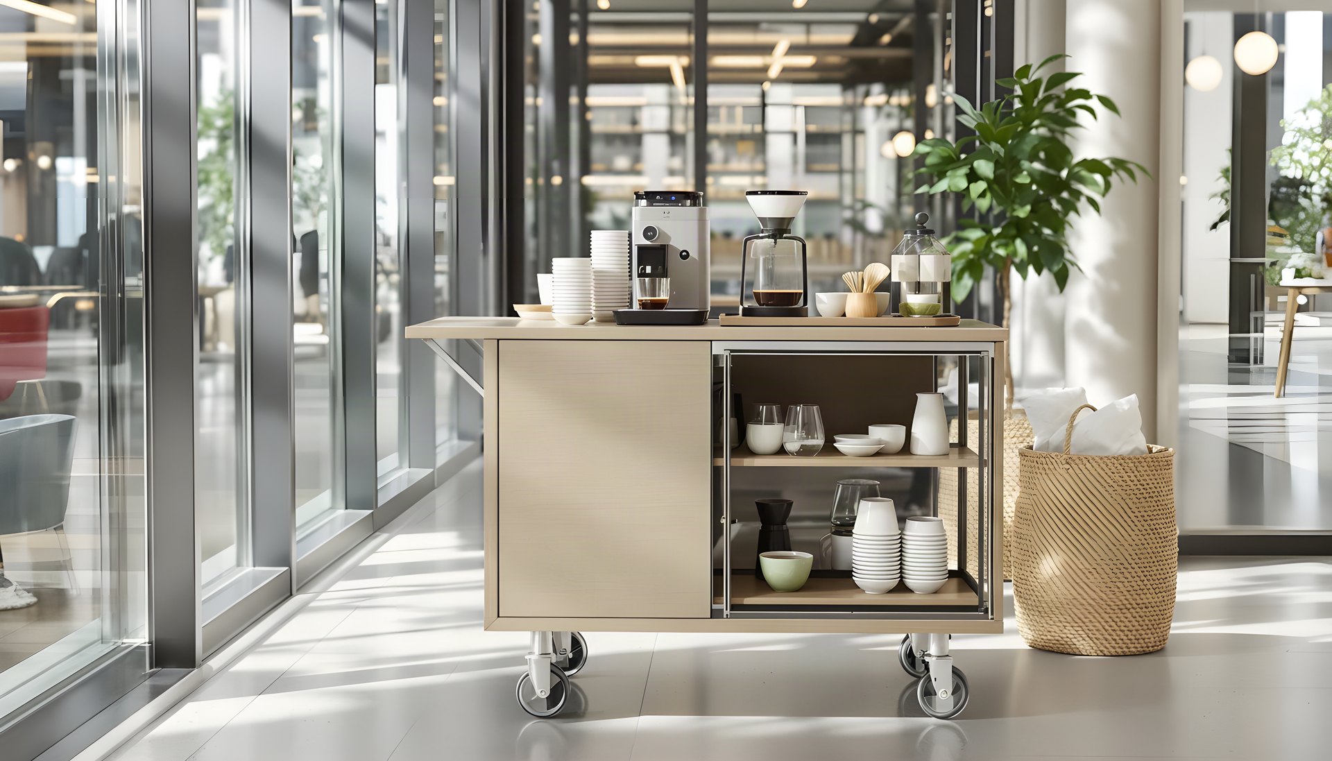 A pale oak coffee cart in a bright corporate atrium