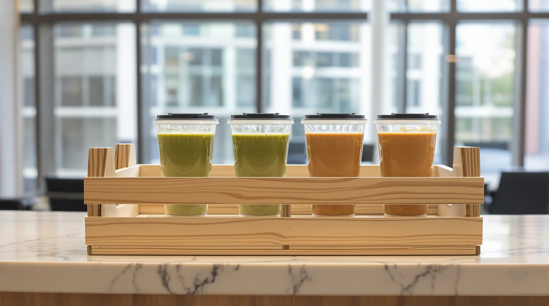 A wooden delivery crate holding four iced lattes on a reception desk