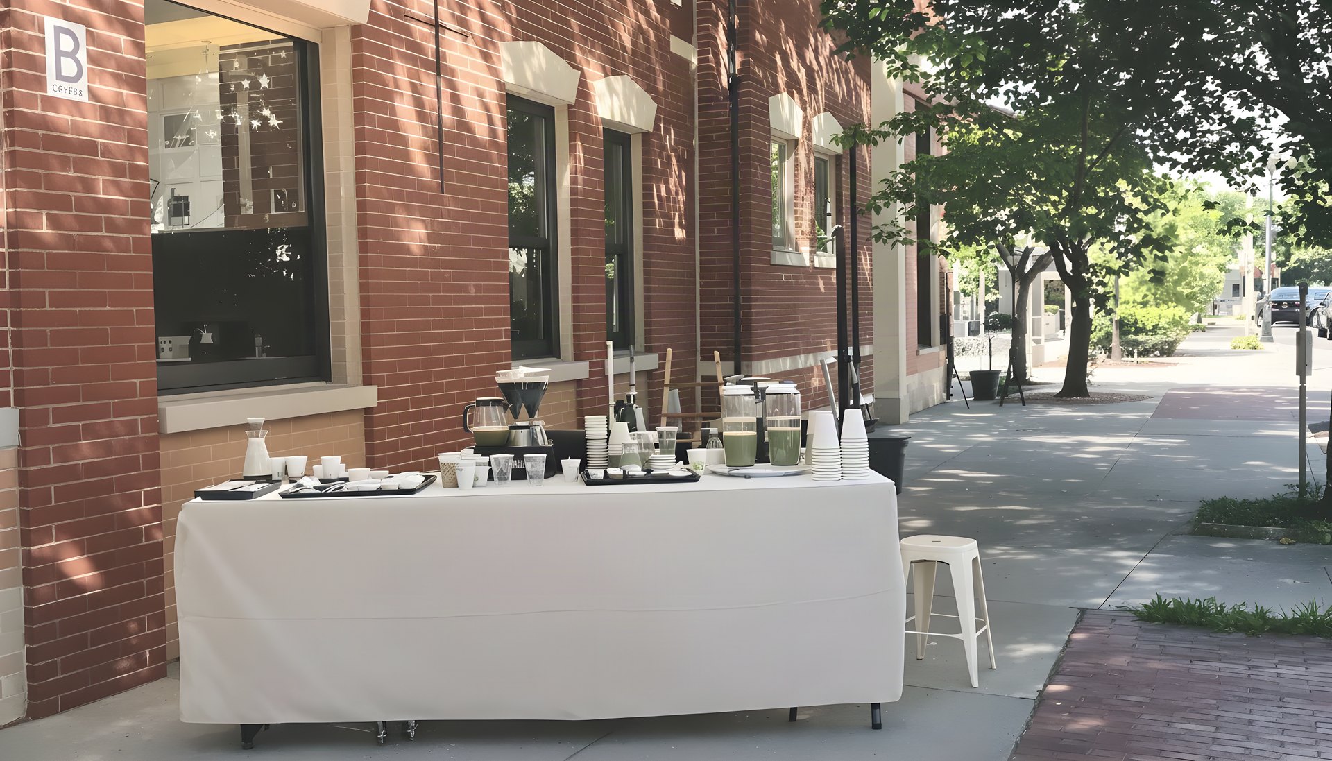 A linen-draped pop-up table on a sunlit brick sidewalk in Dallas